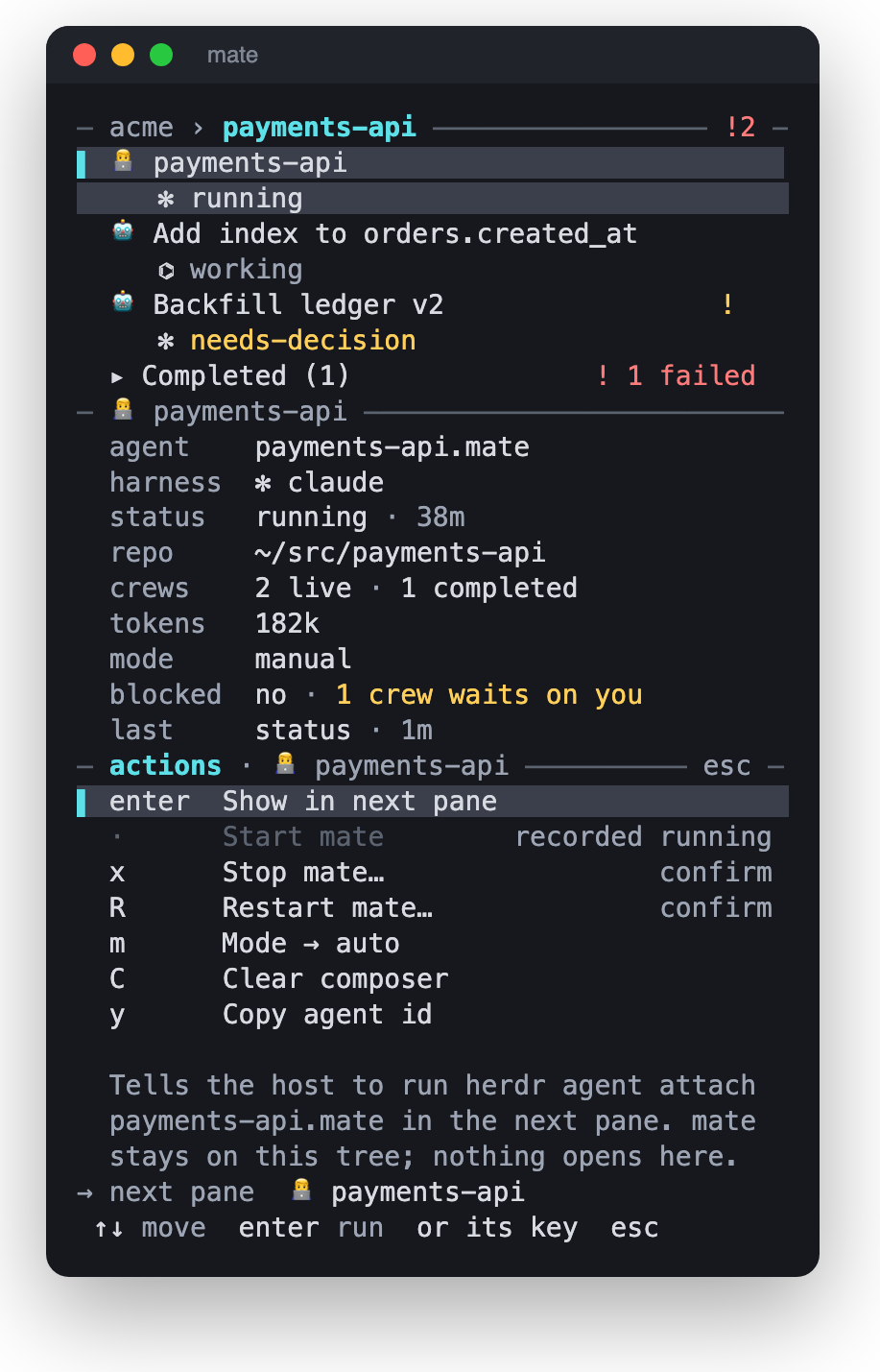 The actions sheet for a Mate row: Show in next pane, Start mate, Stop mate, Restart mate, Mode to auto, Clear composer, Copy agent id.