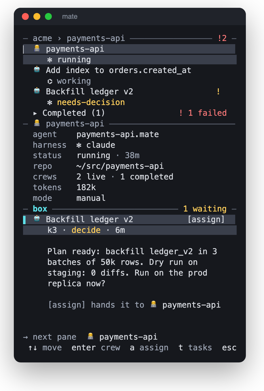 Box pane focused: one item from crew k3 'Backfill ledger v2' that needs a decision, with an [assign] button.