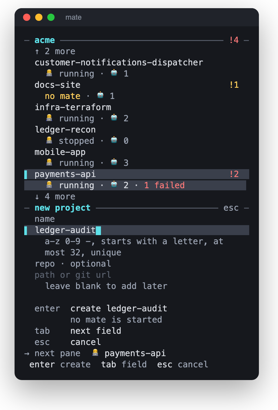 New project sheet with a name field filled in as ledger-audit and an optional repo field.