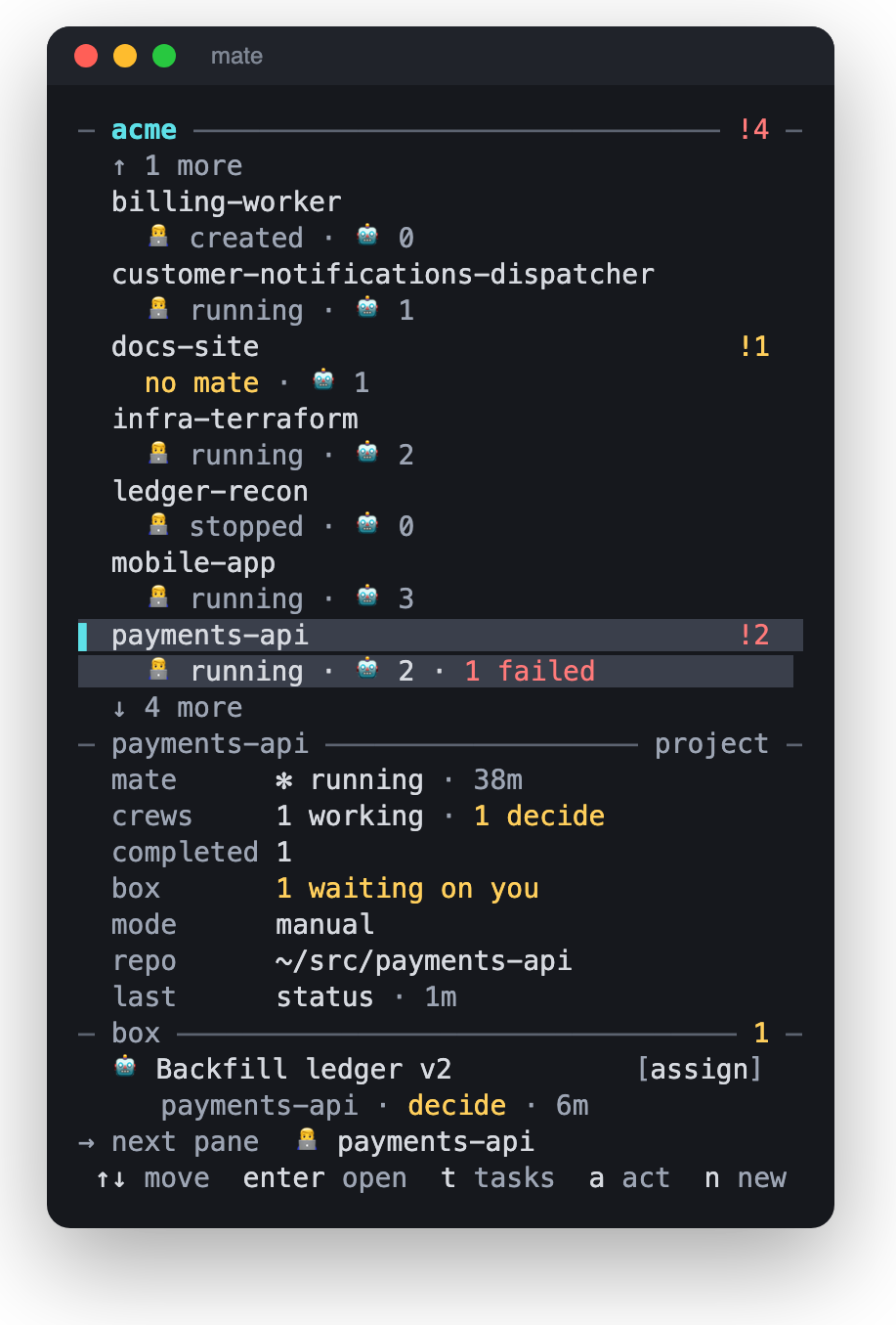 Workspace view: a list of projects, each with Mate status and crew count, a detail panel for the selected project, and the box with one waiting question.