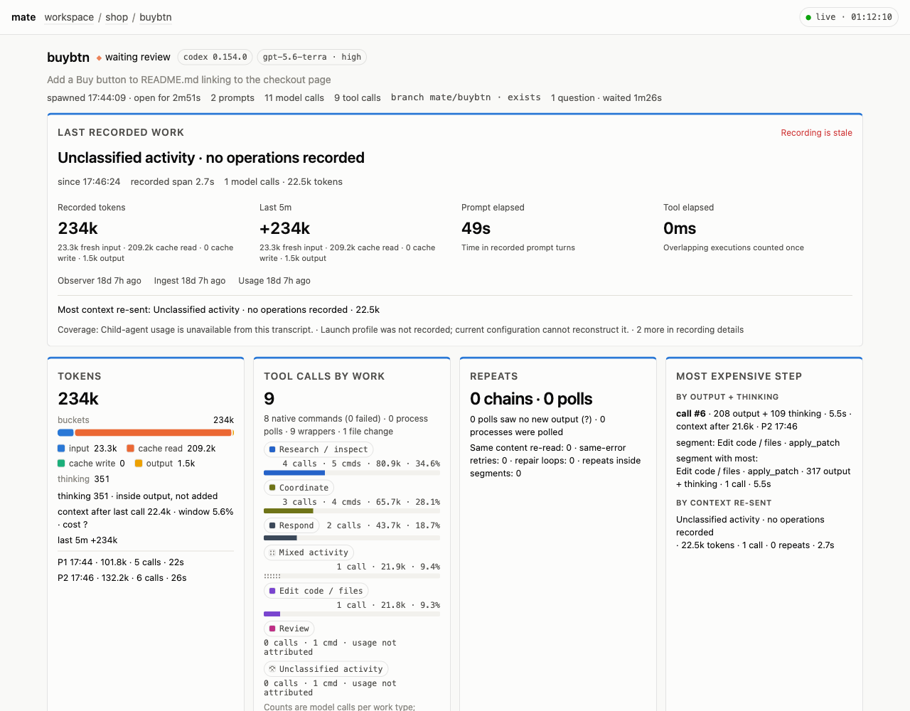 Dashboard task page for crew buybtn: harness and model, last recorded work, token breakdown, tool calls by work type, repeats and most expensive step.